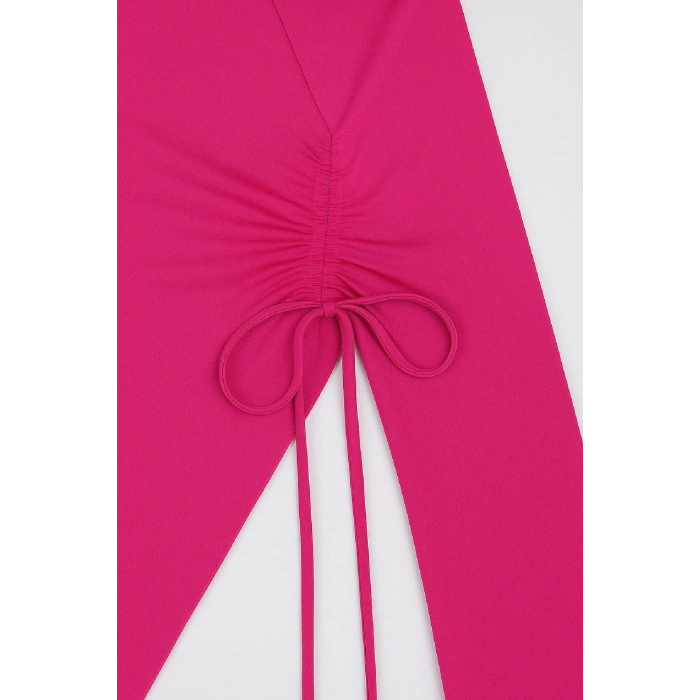 Kadın Fuşya Uzun İspanyol Kollu Asimetirik Yaka Yandan Bağlamalı Drapeli Bluz