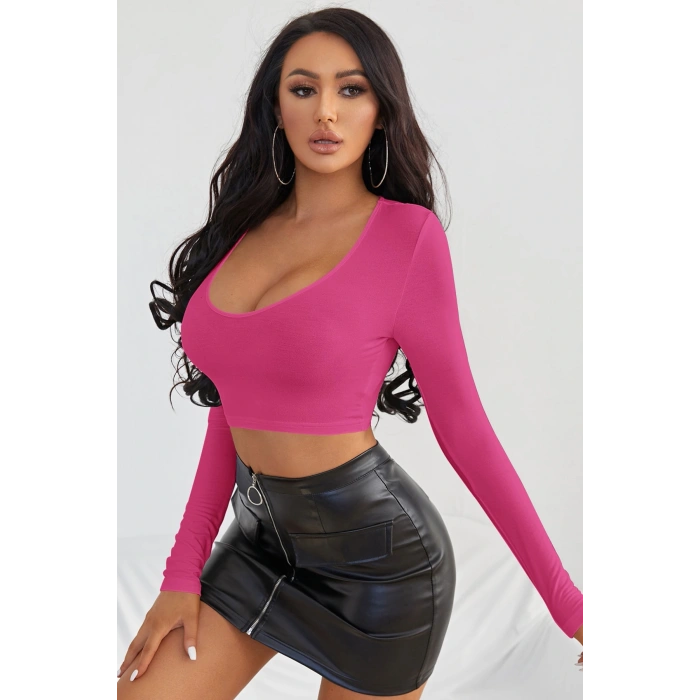 Kadın Fuşya Uzun Kol Kare Yaka Crop Top Bluz