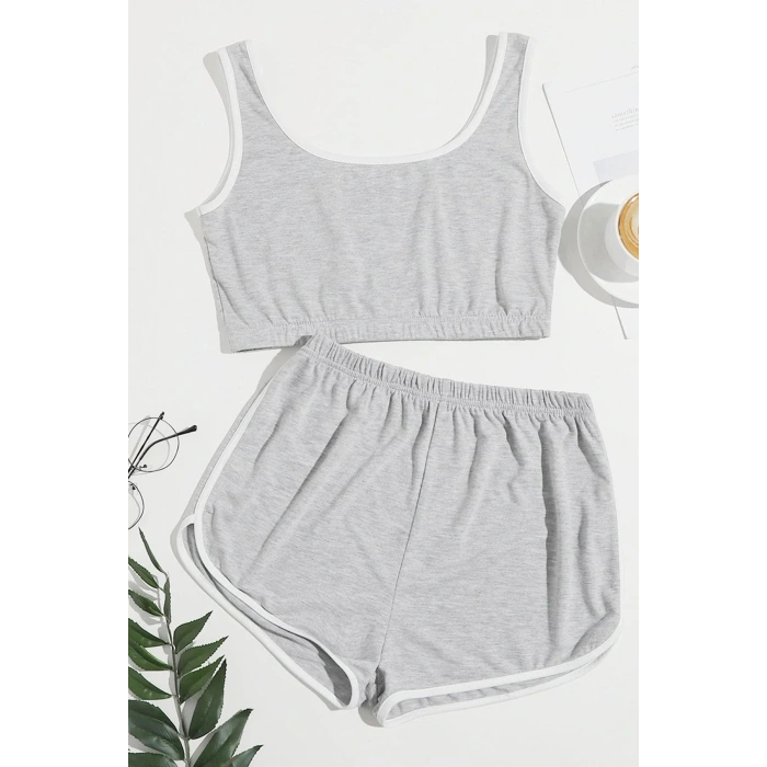 Kadın Gri Askılı Crop Top ve Şortlu Gecelik Takım