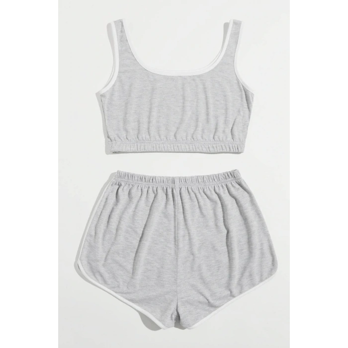 Kadın Gri Askılı Crop Top ve Şortlu Gecelik Takım