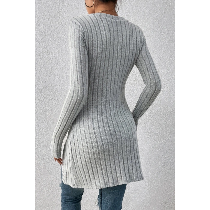 Kadın Gri Düğme Detaylı Kare Yaka Fitilli Asimetrik Etekli Uzun Kollu Bluz