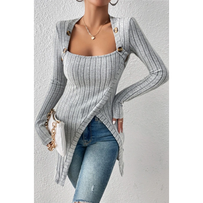 Kadın Gri Düğme Detaylı Kare Yaka Fitilli Asimetrik Etekli Uzun Kollu Bluz