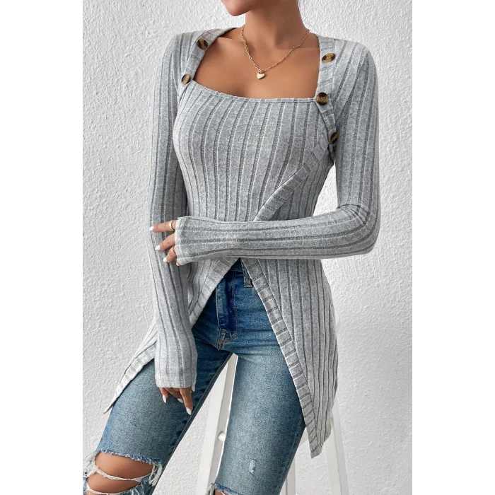 Kadın Gri Düğme Detaylı Kare Yaka Fitilli Asimetrik Etekli Uzun Kollu Bluz