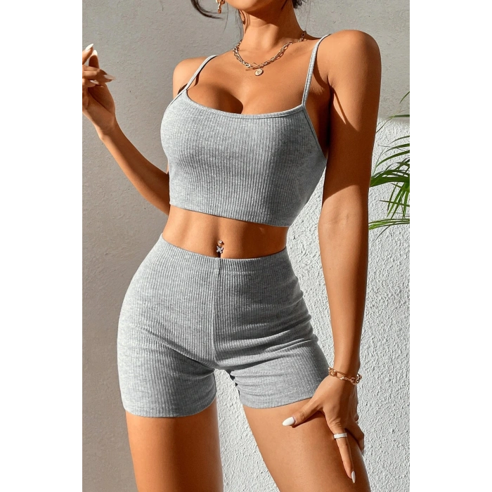 Kadın Gri Melanj Şortlu Kaşkorse Gecelik Takım