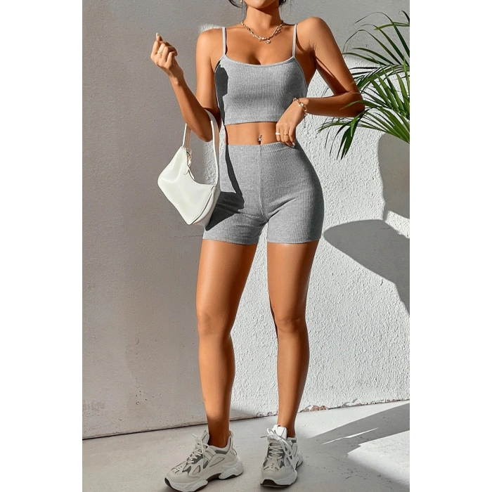 Kadın Gri Melanj Şortlu Kaşkorse Gecelik Takım