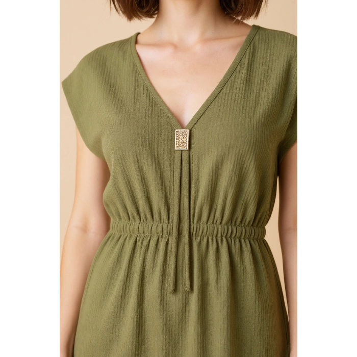 Kadın Haki Yanları Yırtmaçlı Tokalı V Yaka Mini Plaj Elbisesi