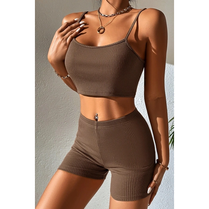 Kadın Kahverengi Şortlu Kaşkorse Gecelik Takım