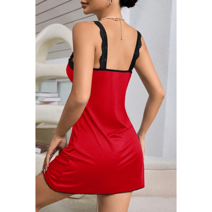 Kadın Kırmızı Dantel Asılı Fiyonk Detaylı Gecelik Takımı