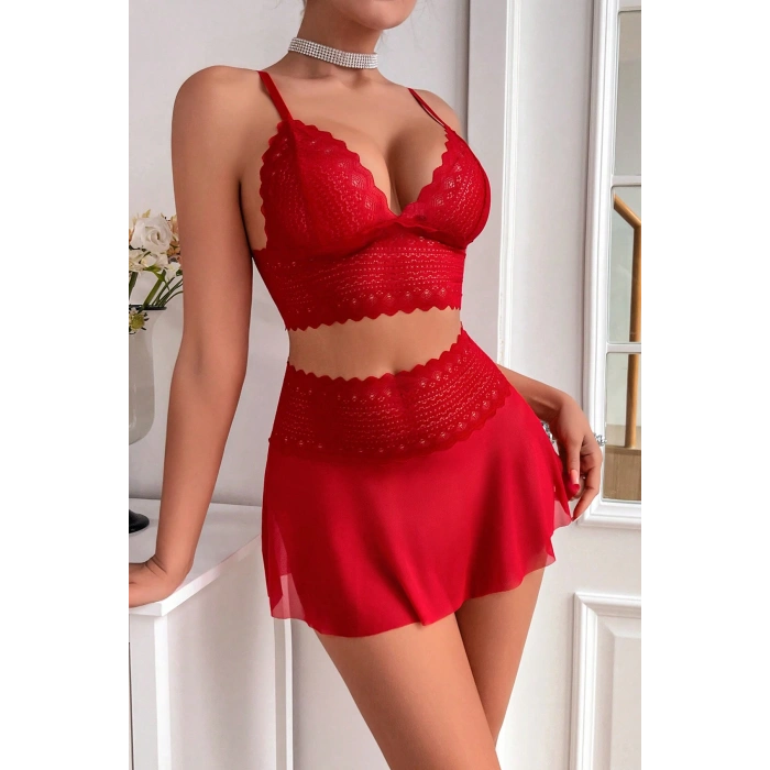 Kadın Kırmızı Dantel ve Tül Detaylı Etekli Şık Gecelik Takımı