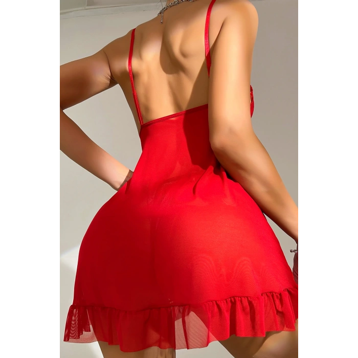 Kadın Kırmızı Dantelli, Fırfırlı Tül ve Fiyonk Detaylı Tangalı Gecelik Takımı