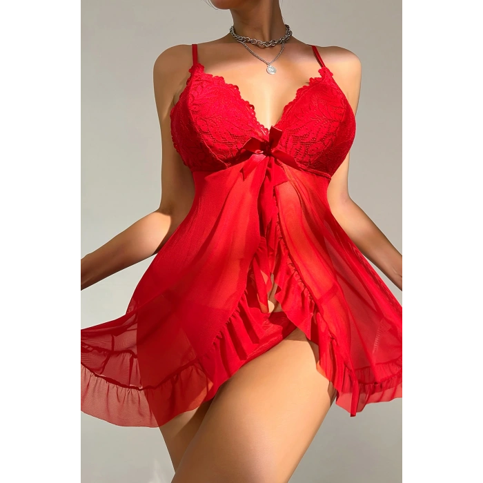 Kadın Kırmızı Dantelli, Fırfırlı Tül ve Fiyonk Detaylı Tangalı Gecelik Takımı