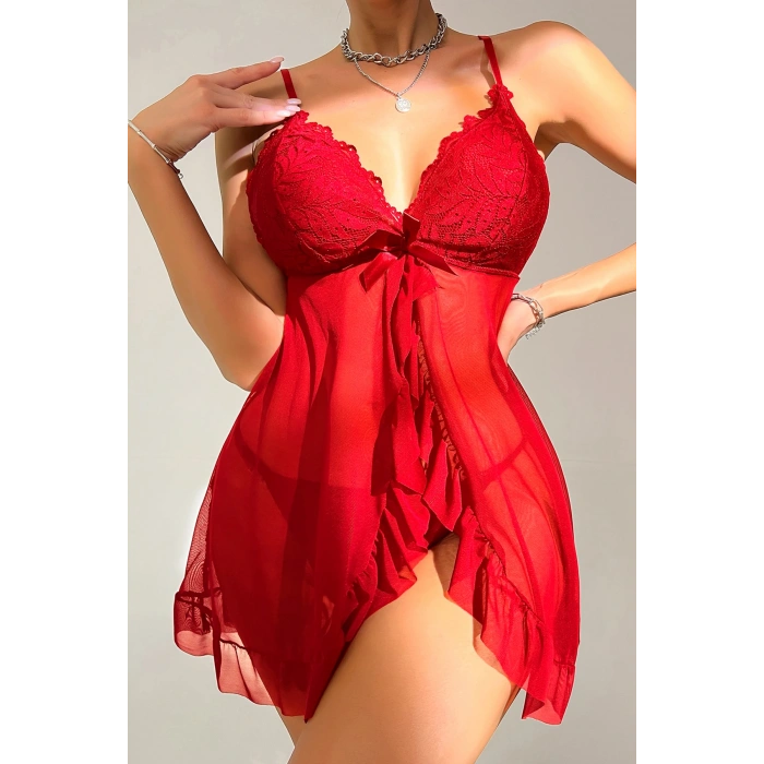 Kadın Kırmızı Dantelli, Fırfırlı Tül ve Fiyonk Detaylı Tangalı Gecelik Takımı