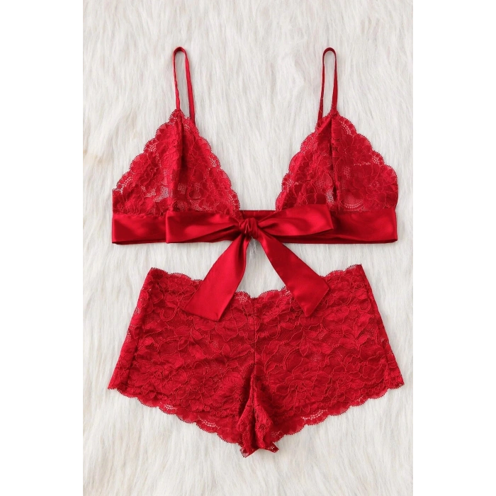 Kadın Kırmızı Dantelli & Kurdelalı Sütyen Külot Takımı