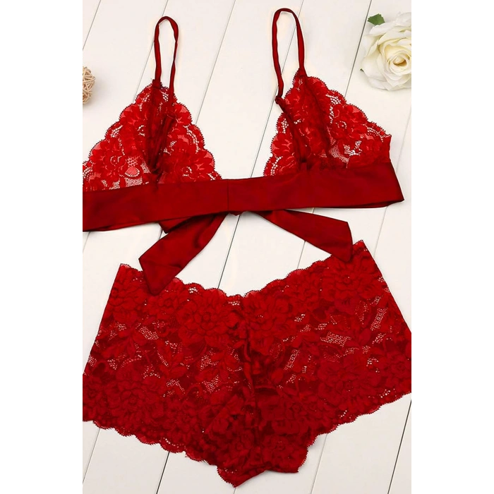 Kadın Kırmızı Dantelli & Kurdelalı Sütyen Külot Takımı