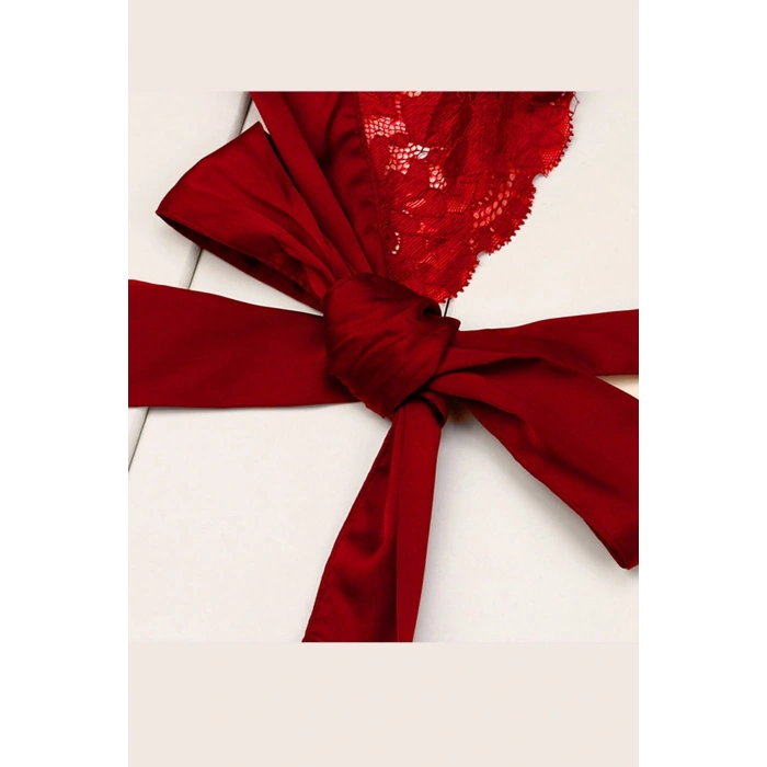 Kadın Kırmızı Dantelli & Kurdelalı Sütyen Külot Takımı