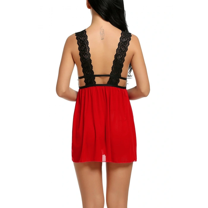 Kadın Kırmızı Dantelli Sırtı Açık Gecelik