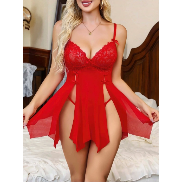 Kadın Kırmızı Dantelli Transparan Fantezi Gecelik 2279