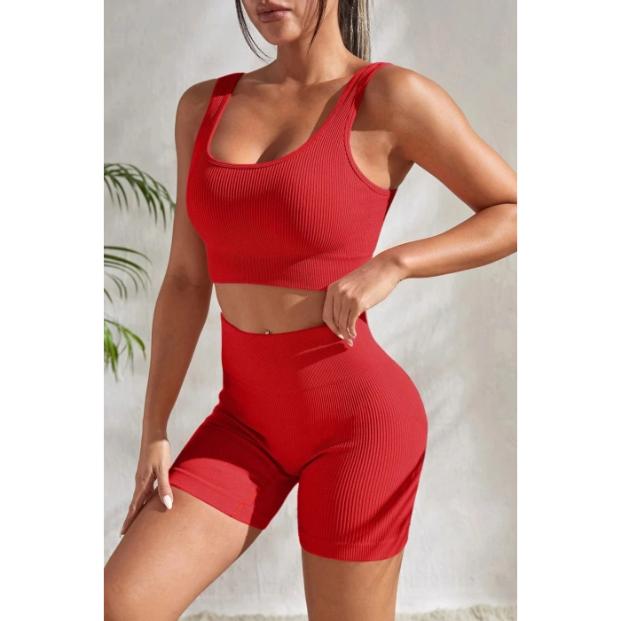 Kadın Kırmızı Kalın Askılı Yüksek Bel Şortlu Gecelik Takımı