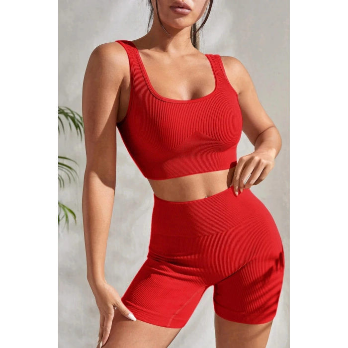 Kadın Kırmızı Kalın Askılı Yüksek Bel Şortlu Gecelik Takımı