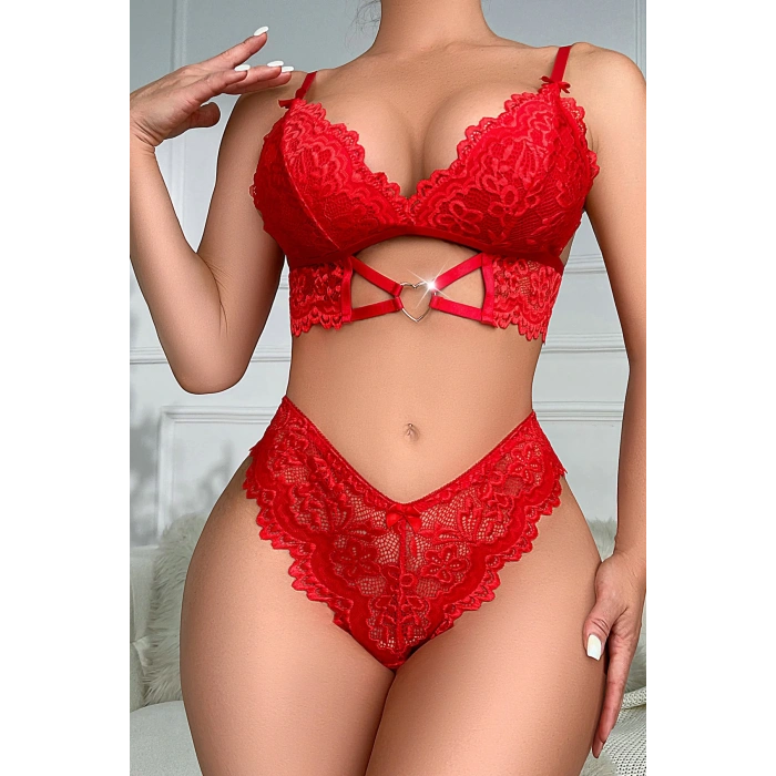 Kadın Kırmızı Kalp Tokalı Çapraz Lastik Detaylı Dantel İç Çamaşır Takımı