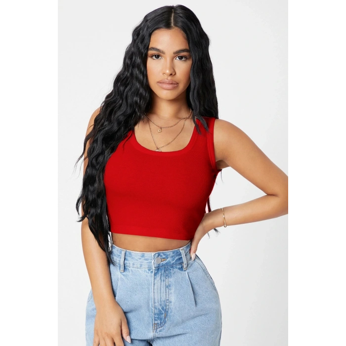 Kadın Kırmızı Kare Yaka Crop Top Bluz