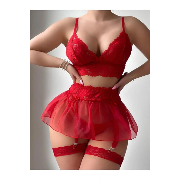 Kadın Kırmızı Kısa Tül Fantezi Kostüm 2199