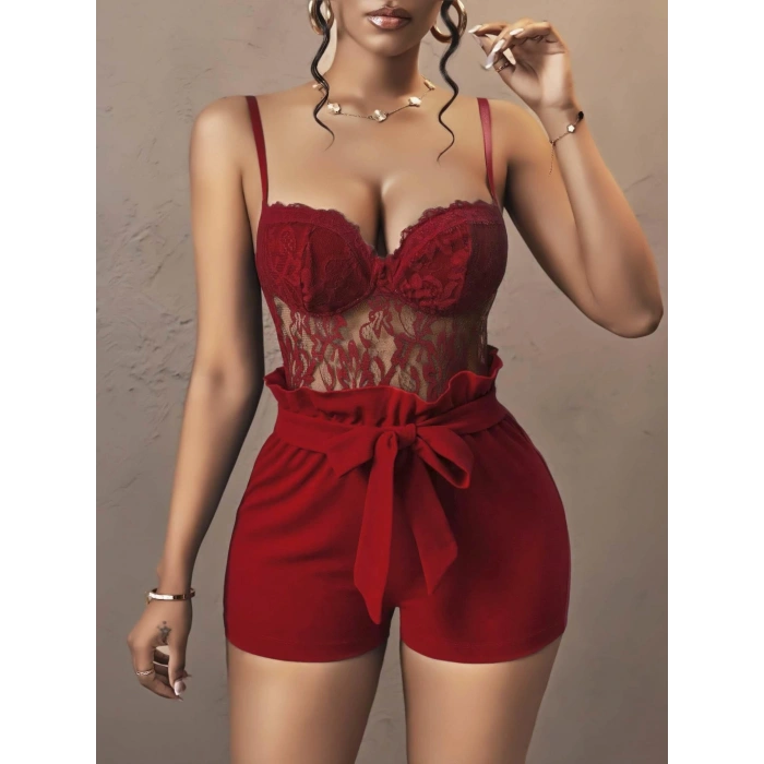 Kadın Kırmızı Kuşak ve Dantel Detaylı Fantezi Elbise 5147