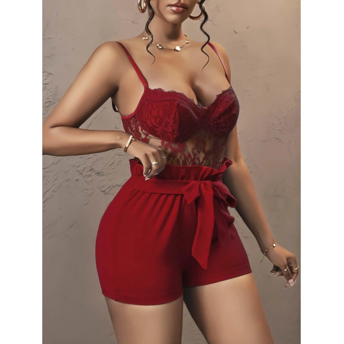 Kadın Kırmızı Kuşak ve Dantel Detaylı Fantezi Elbise 5147