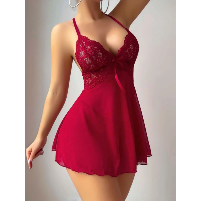 Kadın Kırmızı Sırtı Açık Transparan Fantezi Gecelik 2281