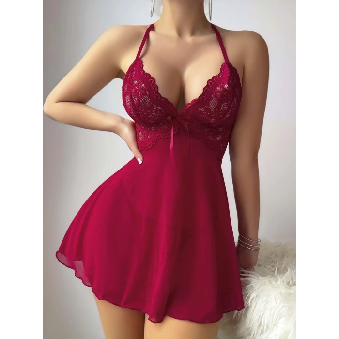 Kadın Kırmızı Sırtı Açık Transparan Fantezi Gecelik 2281