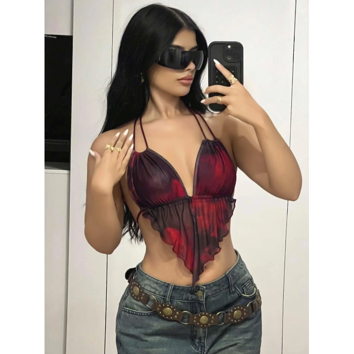 Kadın Kırmızı Siyah Renklerde Önden Üçgen Kesim Detaylı Crop Askılı Önden Bağlama 5092