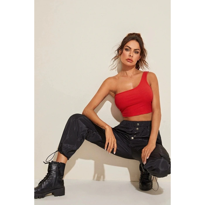 Kadın Kırmızı Tek Omuz Crop Büstiyer