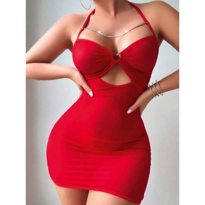 Kadın Kırmızı Tül Zincir Detaylı Fantezi Gecelik 2177