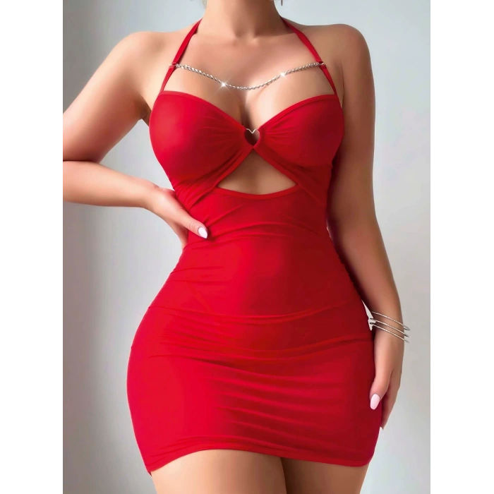 Kadın Kırmızı Tül Zincir Detaylı Fantezi Gecelik 2177