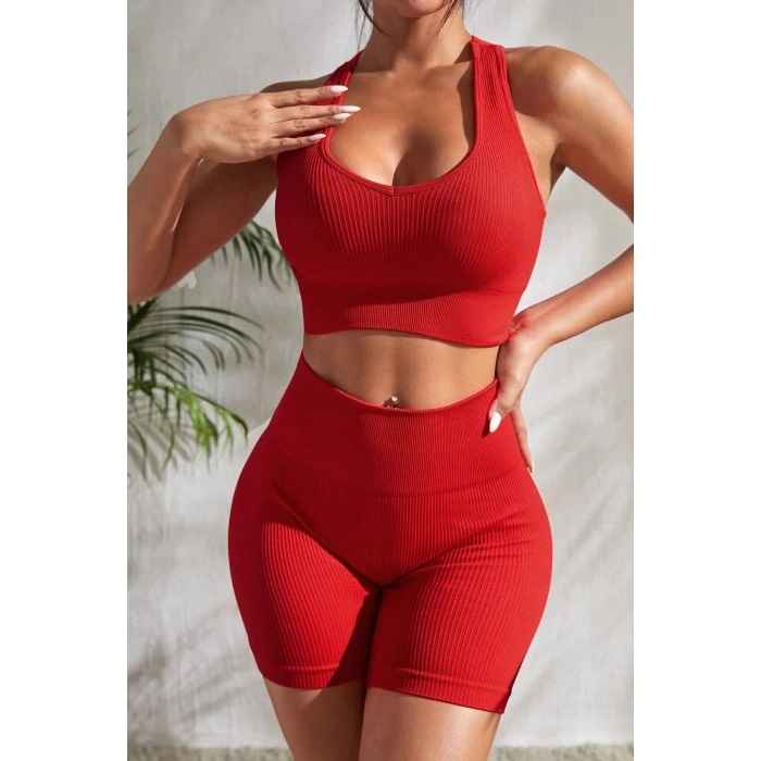 Kadın Kırmızı Yüksek Bel Çapraz Sırt Detaylı Şortlu Gecelik Takım