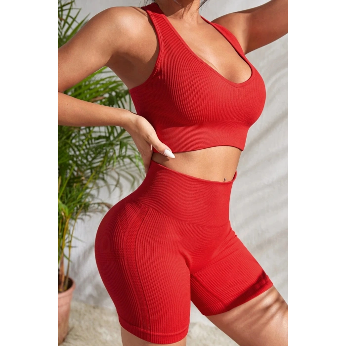 Kadın Kırmızı Yüksek Bel Çapraz Sırt Detaylı Şortlu Gecelik Takım