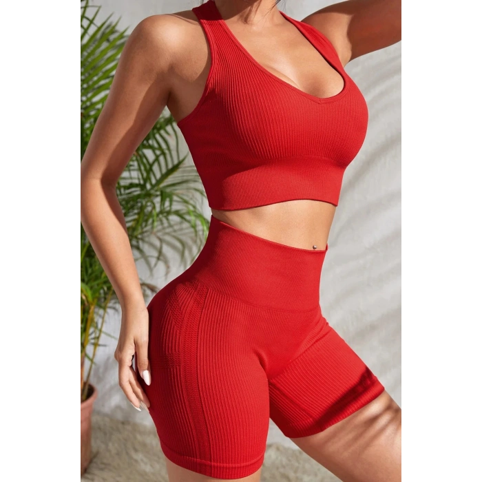 Kadın Kırmızı Yüksek Bel Çapraz Sırt Detaylı Şortlu Gecelik Takım