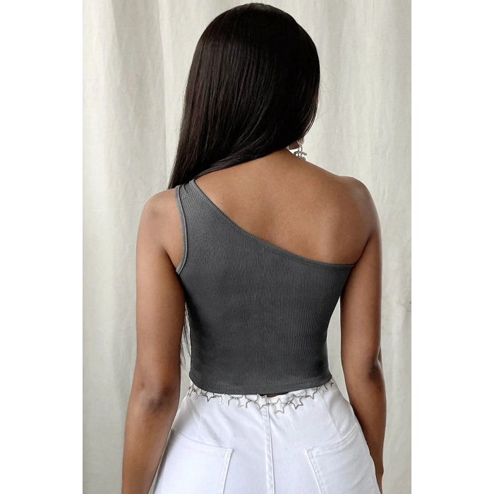 Kadın Koyu Gri Tek Omuz Crop Büstiyer