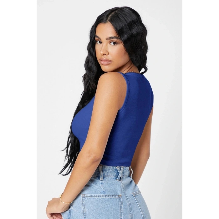 Kadın Lacivert Kare Yaka Crop Top Bluz