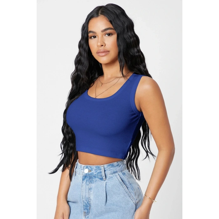 Kadın Lacivert Kare Yaka Crop Top Bluz