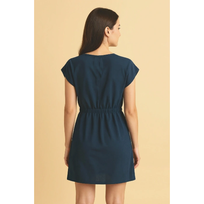 Kadın Lacivert Yanları Yırtmaçlı Tokalı V Yaka Mini Plaj Elbisesi