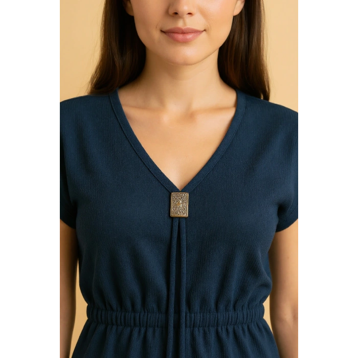 Kadın Lacivert Yanları Yırtmaçlı Tokalı V Yaka Mini Plaj Elbisesi