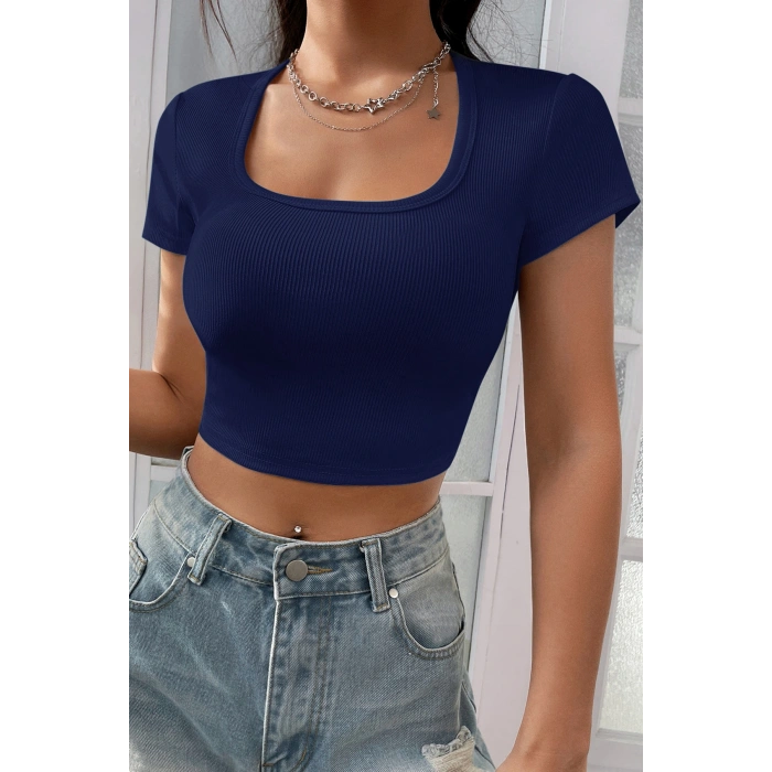 Kadın Lacivert Yarım Kol Düz Yaka Crop Top Bluz