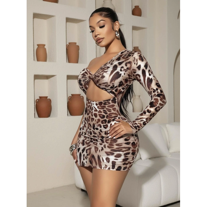 Kadın Leopar Desenli Tek Omuzlu Oyuk Detaylı Bükümlü Seksi Mini Elbise 5146