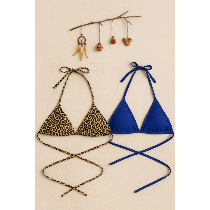 Kadın Leopar Desenli ve Mavi Minimal Kesim Üçgen Bikini Üstü