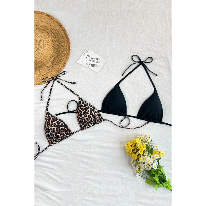 Kadın Leopar Desenli ve Siyah Minimal Kesim Üçgen Bikini Üstü