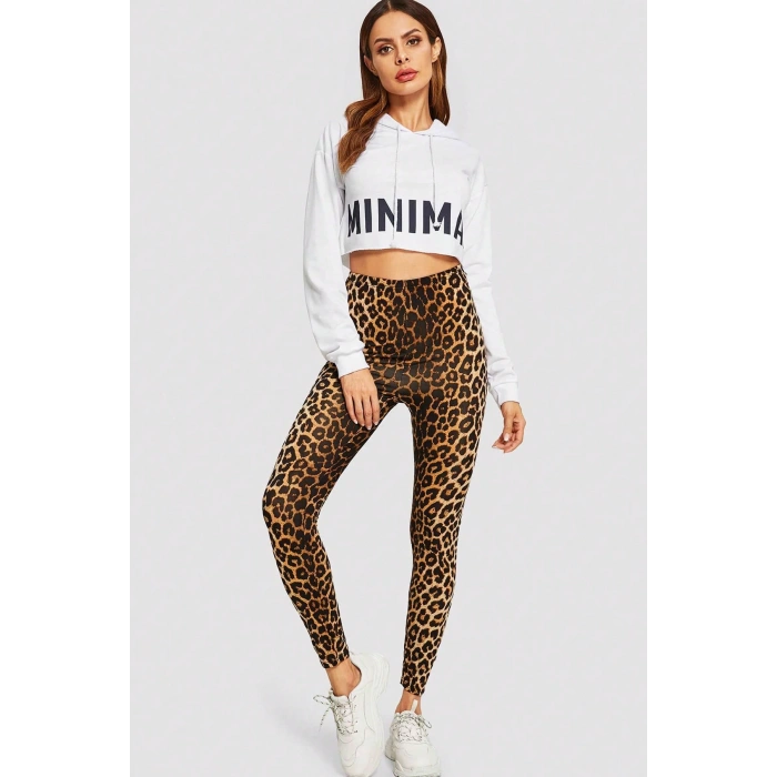 Kadın Leopar Desenli Yüksek Bel Dar Kesim Esnek Tayt