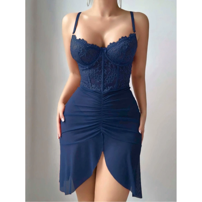 Kadın Mavi Transparan Dantel Detaylı Tül Fantezi Gecelik 2242