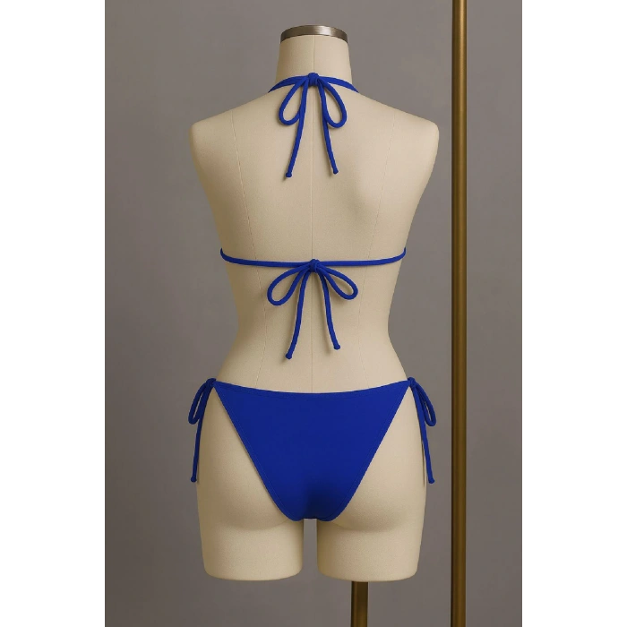 Kadın Mavi Yandan ve Boyundan Bağlamalı Bikini Mayo Takımı
