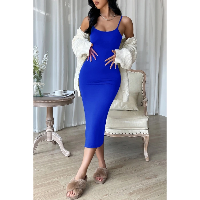 Kadın Mavi Yırtmaçlı Diz Altı Vücüdu Saran Gecelik